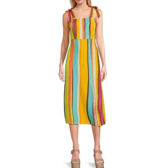 Gianni Bini linen striped midi dress yellow pink turquoise small NWT - Picture 1 of 8